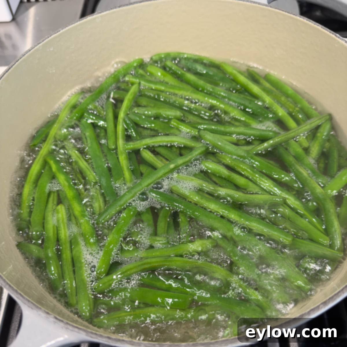 Green beans cooking in boiling water in a dutch oven on the stovetop.