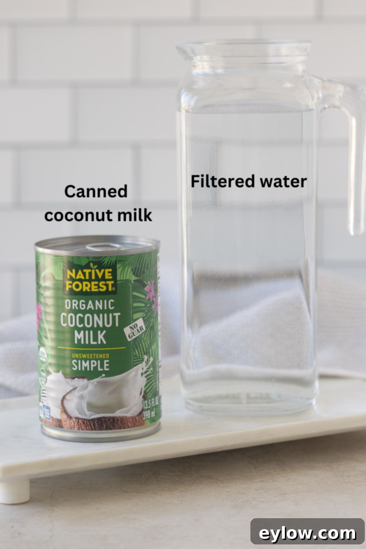 Ingredients for homemade coconut milk, including a can of organic coconut milk and filtered water.
