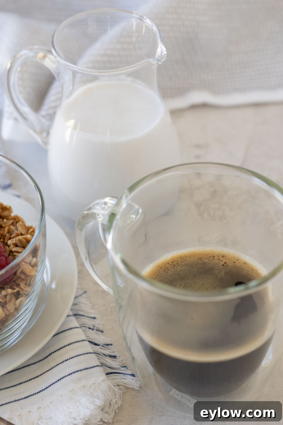 Breakfast setting with homemade granola, berries, coffee, and a pitcher of fresh coconut milk.