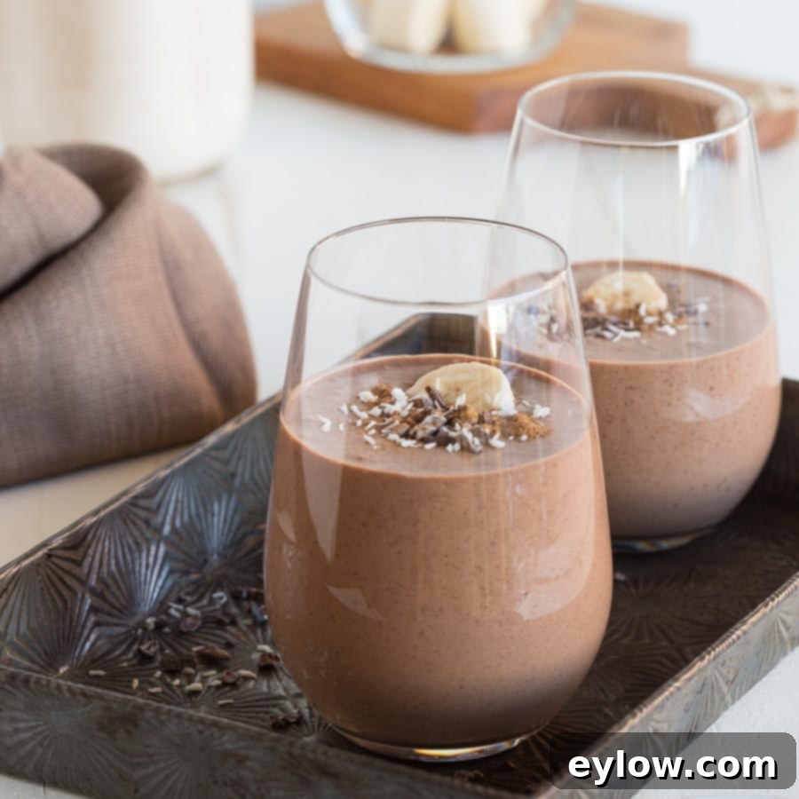 Master Healthy Smoothies 3 Two chocolate maca energy smoothies in glasses on a burnished metal tray. The drinks are dark and inviting, suggesting a rich and nutritious blend, with a hint of warm lighting.