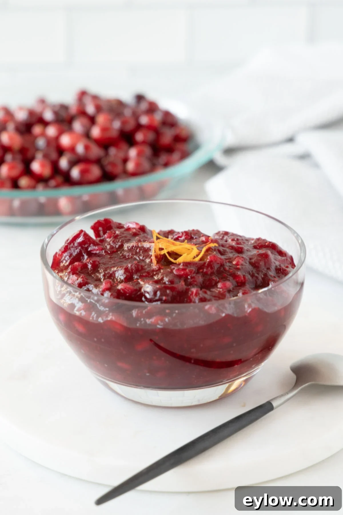 Artisan Whole Berry Cranberry Sauce 2 Bright red whole berry cranberry sauce in glass bowl with fresh cramberries behind, perfect for a healthy Thanksgiving side.