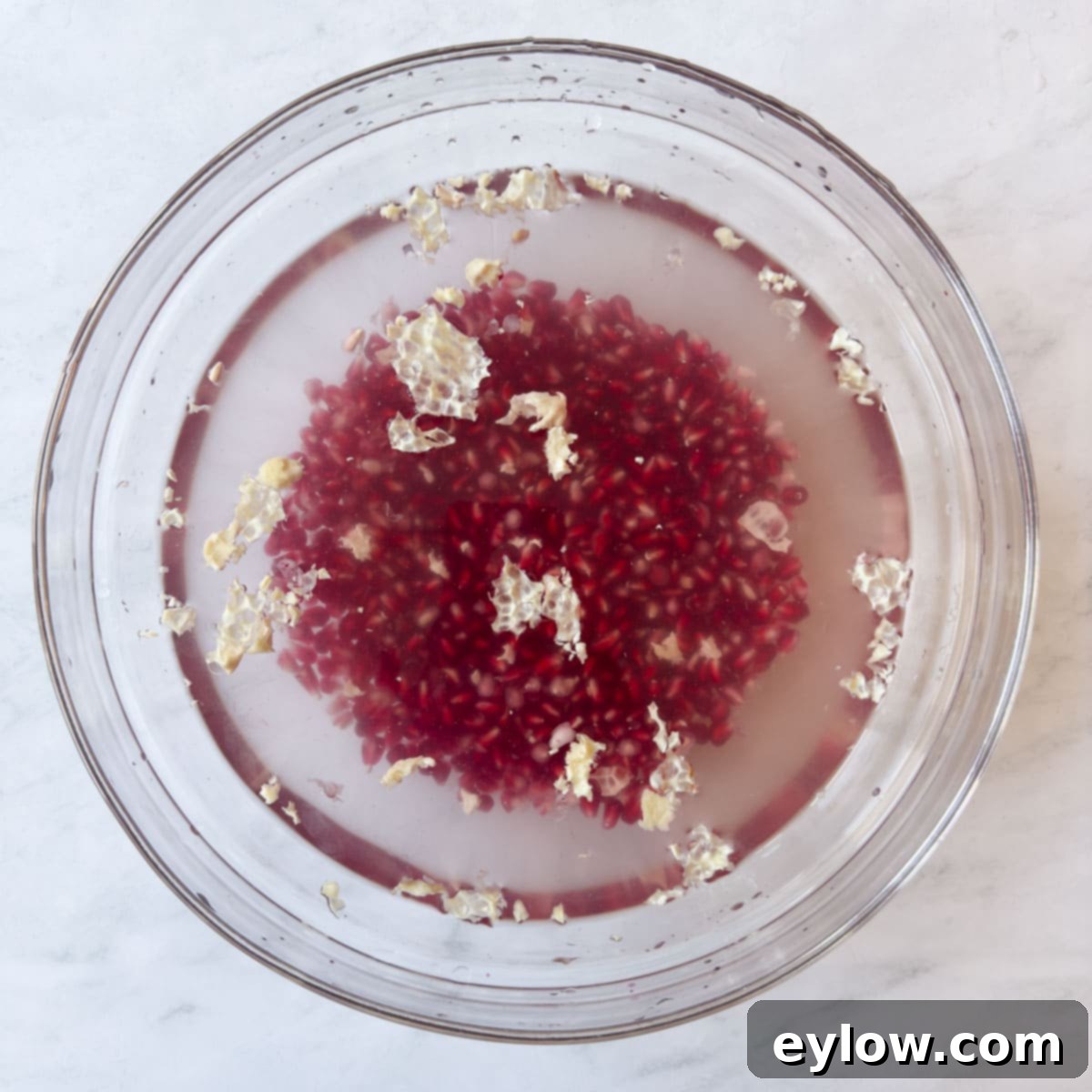 Artisan Whole Berry Cranberry Sauce 11 Pomegranate seeds in a bowl of water with pieces of skin and pith, illustrating the ease of separating arils.