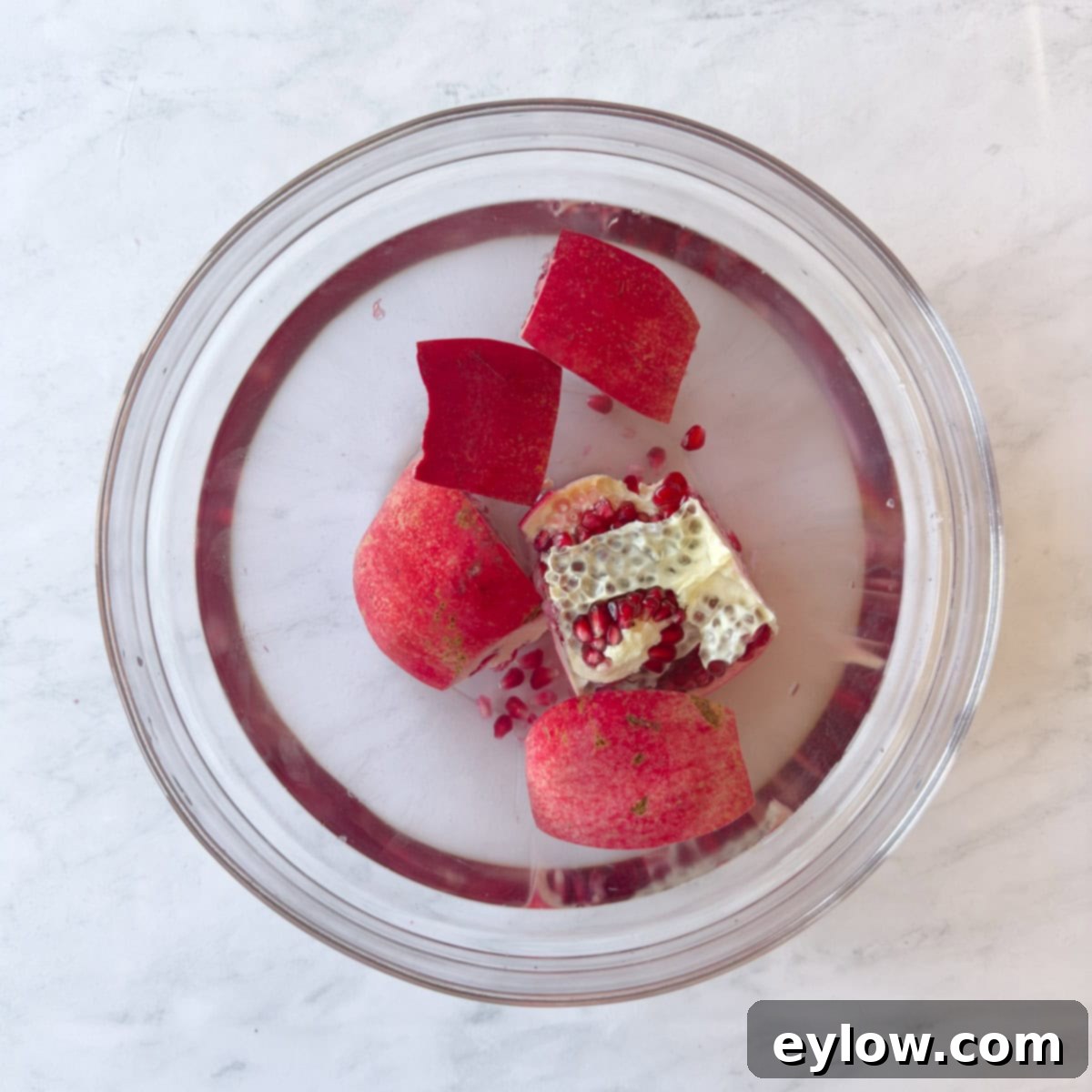 Artisan Whole Berry Cranberry Sauce 10 A broken open pomegranate in a glass bowl of water for seeding, minimizing mess.