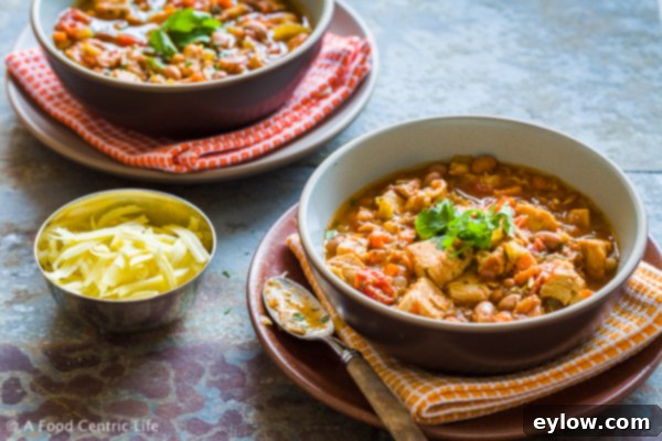 Hearty Southwestern Turkey Chili 3 Close-up of a bowl of Southwestern turkey chili, topped with grated cheese and fresh cilantro, ready to be served.