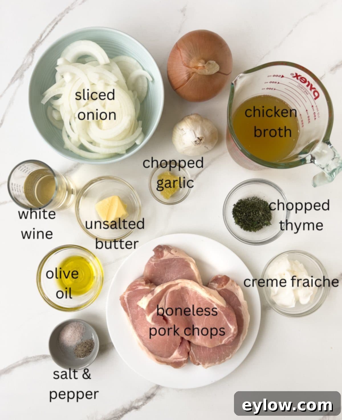 Creamy Sour Cream Pork Chops 3 Labeled ingredients for sour cream pork chops, including onions, garlic, herbs, and creme fraiche.