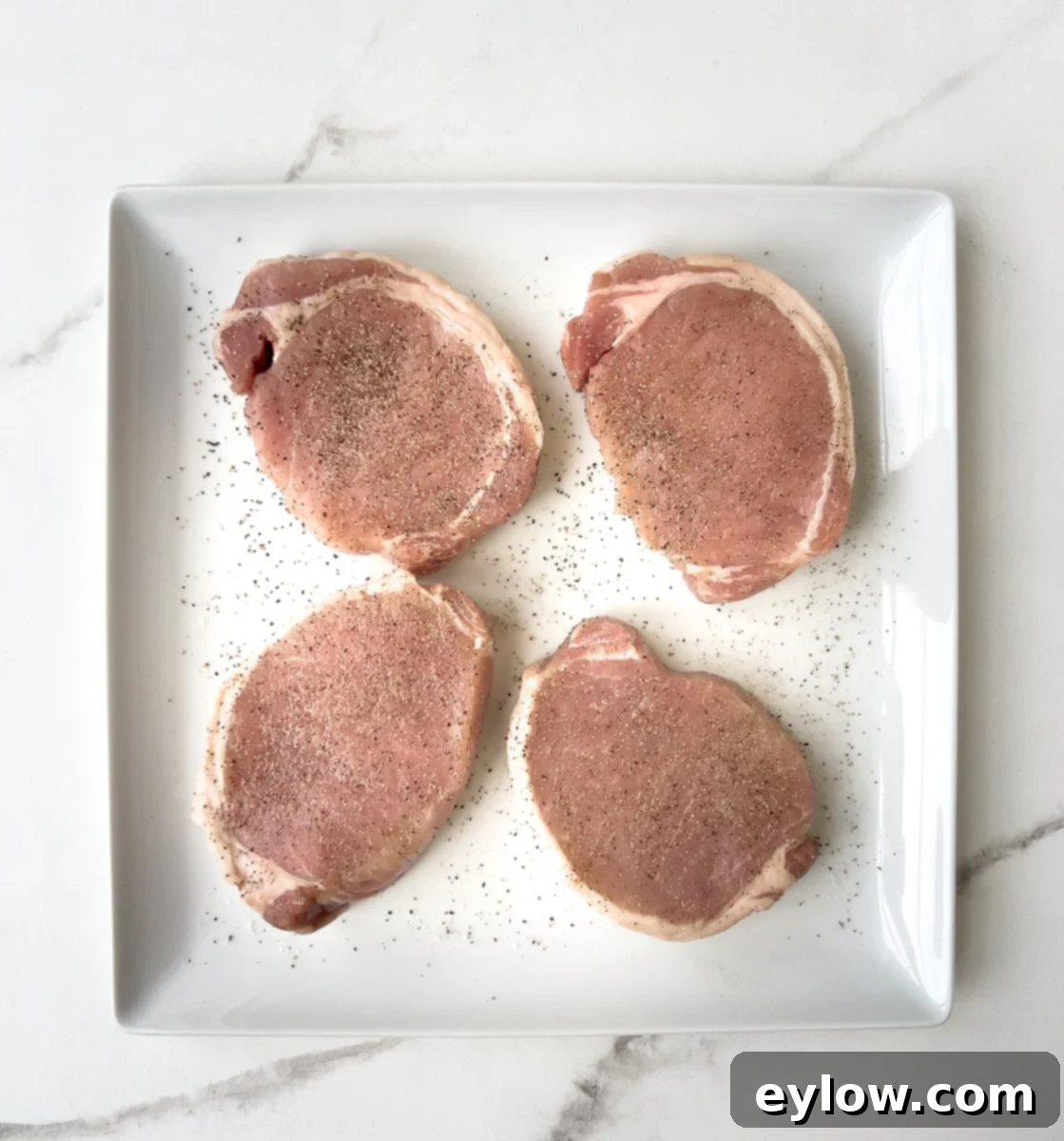 Creamy Sour Cream Pork Chops 4 Raw boneless pork chops seasoned generously with salt and pepper.