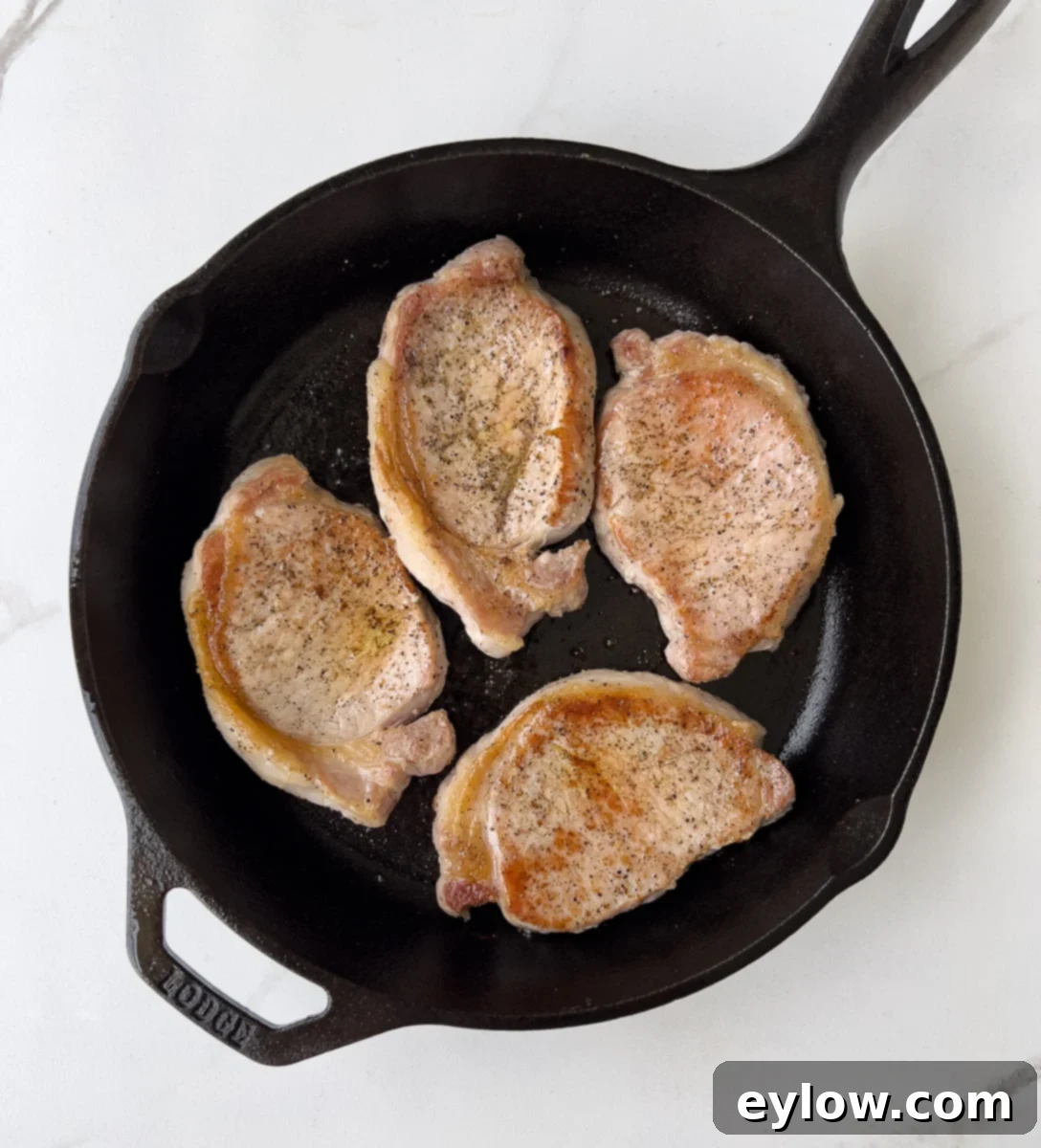 Creamy Sour Cream Pork Chops 5 Golden-brown pork chops searing in a cast iron skillet.