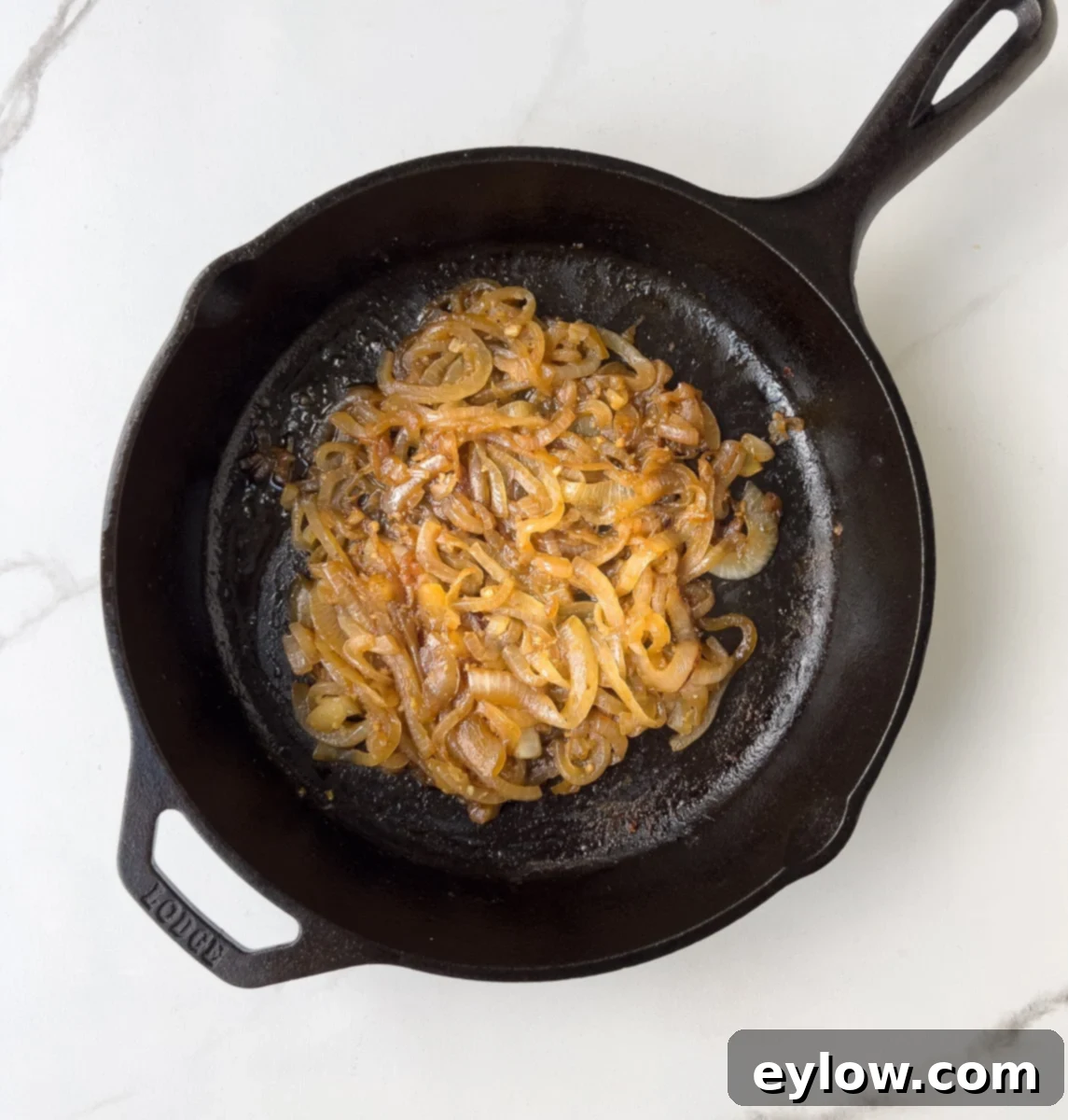 Creamy Sour Cream Pork Chops 7 Caramelized golden-brown onions and minced garlic in a black cast iron pan.