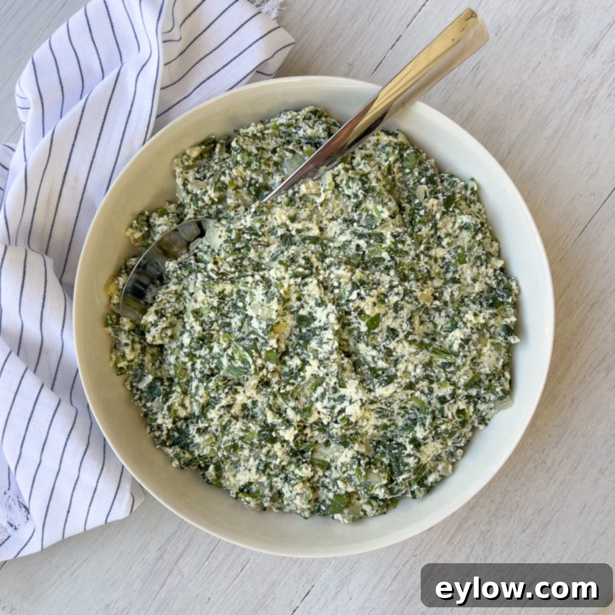 A vibrant, creamy ricotta cheese and spinach filling in a white bowl, garnished with fresh herbs, ready for use in Italian-inspired dishes.