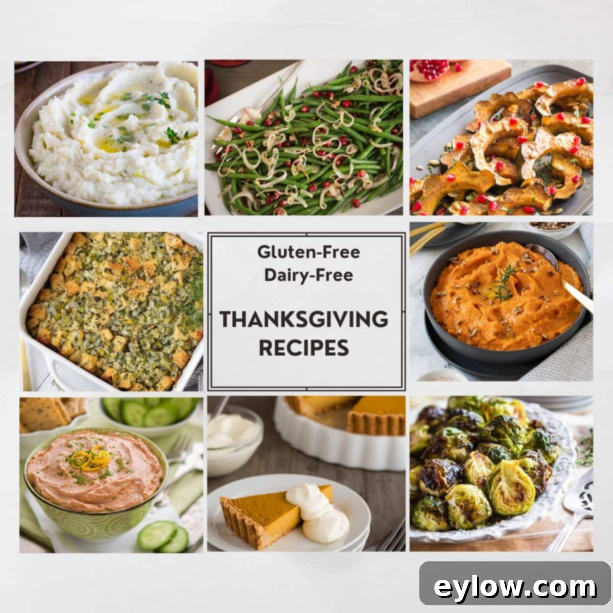A beautiful photo collage of various Thanksgiving recipe ideas, including pumpkin smoothies, roasted vegetables, and festive desserts, highlighting an inclusive meal.