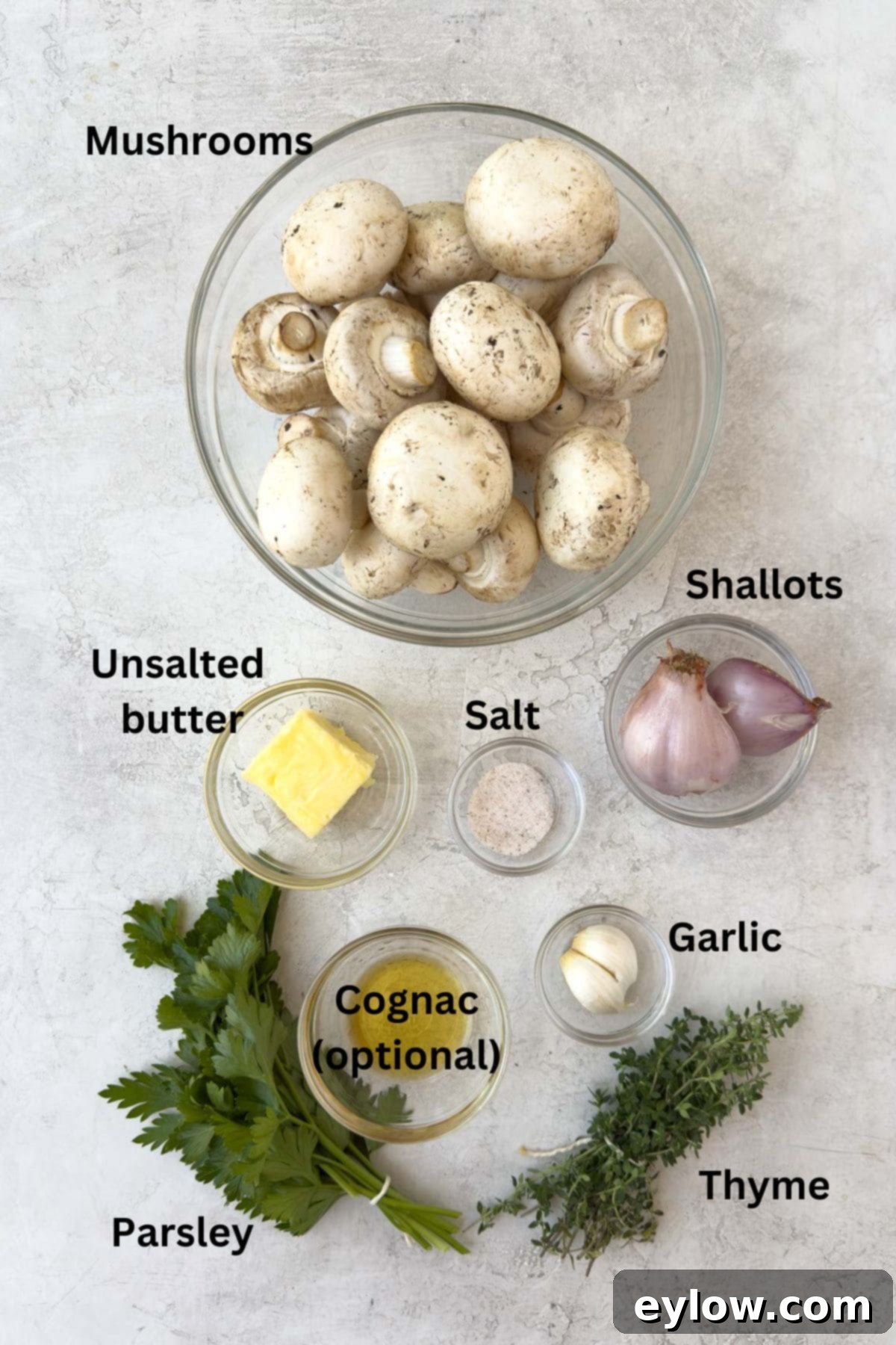 Ingredients for mushroom duxelles on gray counter. 