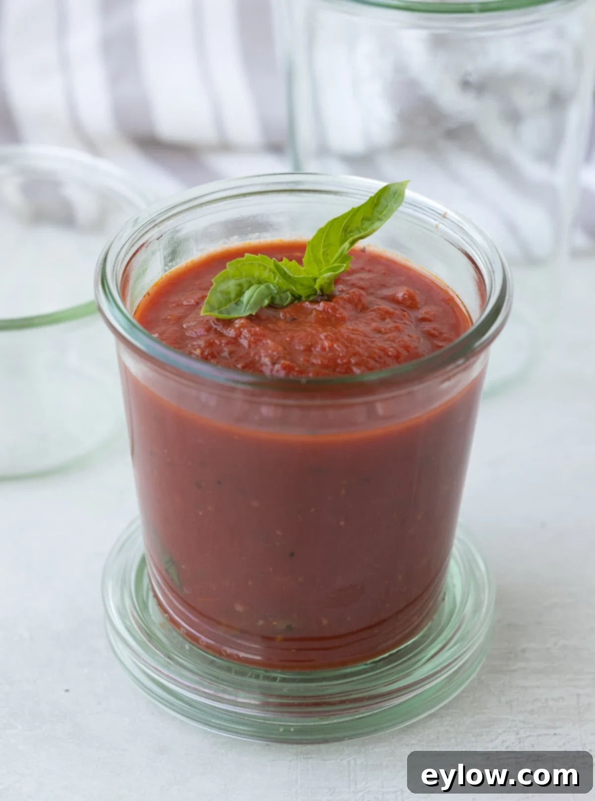 Freshly made marinara sauce in a glass jar with basil for presentation.