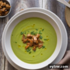 A bowl of creamy green broccoli soup, garnished with crispy sausage pieces and fresh herbs.