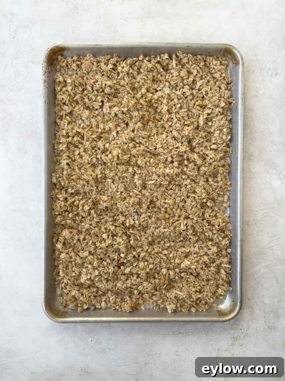 Spreading the uniform granola mixture evenly onto a large rimmed baking sheet before baking.
