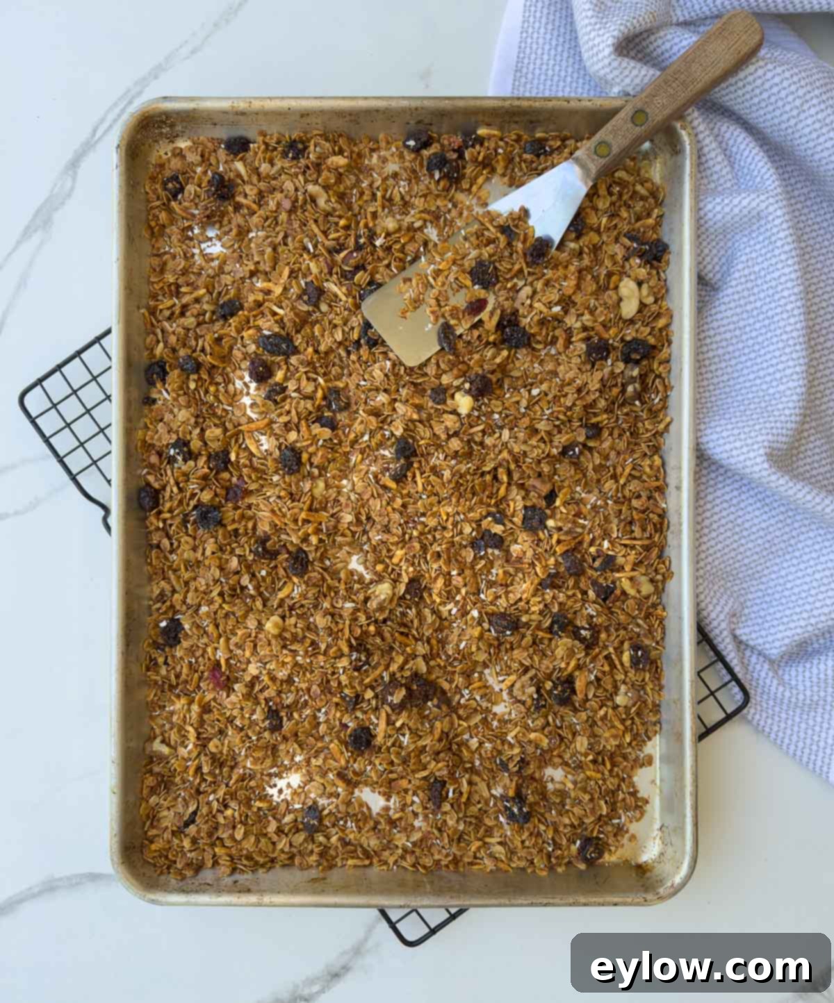 Freshly baked homemade granola cooling on a rack after baking, with a metal spatula nearby for stirring.