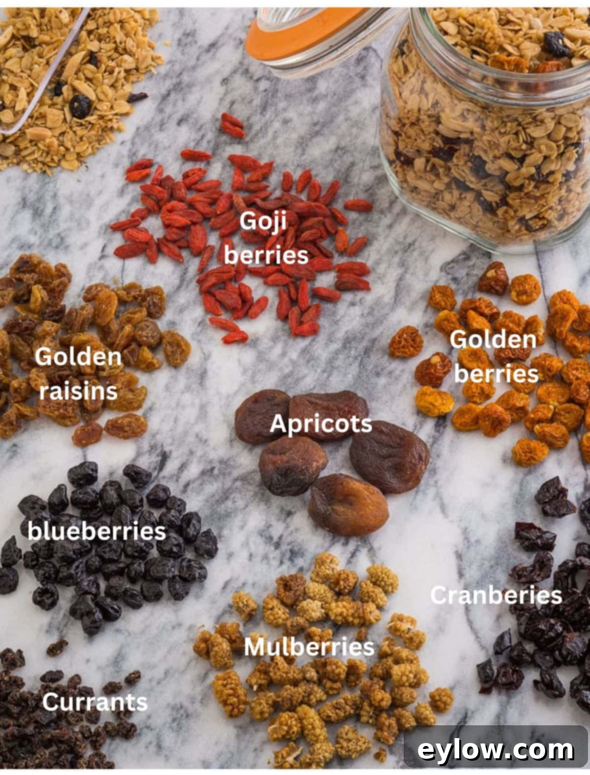 A selection of dried fruit options suitable for homemade granola, including cranberries and golden berries.