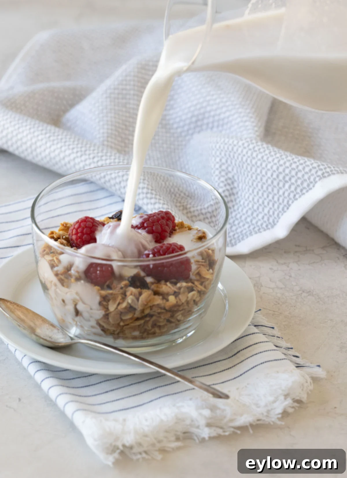 A bowl of homemade granola topped with fresh berries and coconut milk pouring over, ready for breakfast.