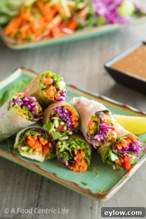 Vibrant Vegetable Spring Rolls with Creamy Peanut Sauce 2 Fresh vegetable summer rolls arranged on a platter with a side of dipping sauce.
