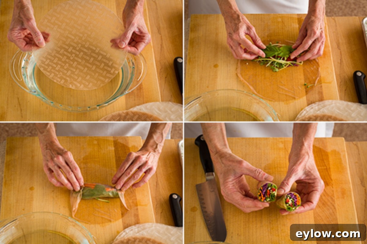 Vibrant Vegetable Spring Rolls with Creamy Peanut Sauce 4 Step-by-step photos illustrating the process of making fresh spring rolls with rice paper and a colorful raw vegetable filling.