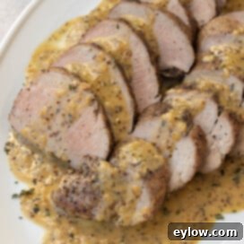 Pork tenderloin with creamy mustard sauce close up with a serving fork.