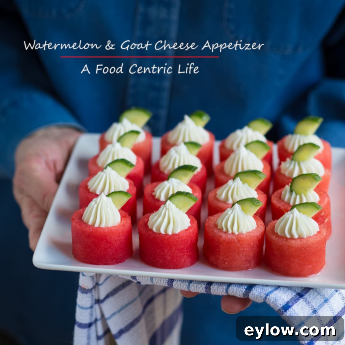 Summer Watermelon Goat Cheese Bites 2 Close-up of refreshing watermelon goat cheese appetizer bites on a plate, garnished with cucumber and mint