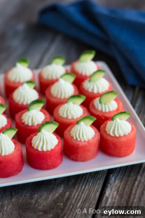 Summer Watermelon Goat Cheese Bites 4 Rustic presentation of Watermelon & Goat Cheese Appetizer on a wooden table