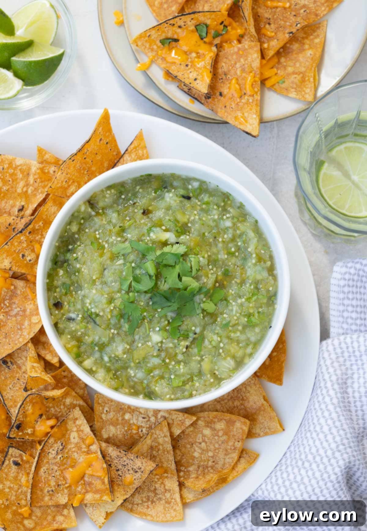 A bowl of green salsa verde with a platter of crisp chips with cheese.