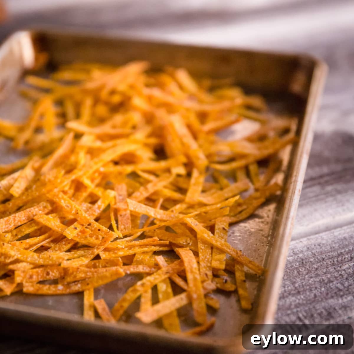 Crispy Baked Tortilla Chips 2 homemade baked tortilla strips in a pan on a rustic wood table