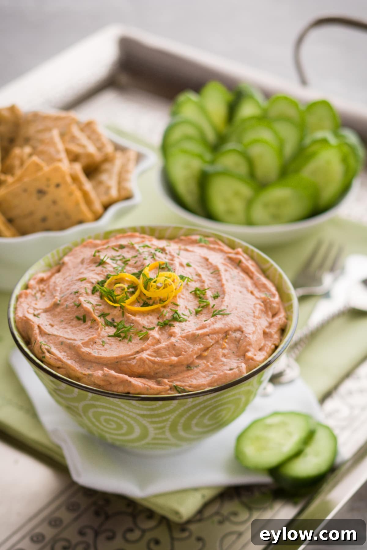Ultimate Creamy Smoked Salmon Dip 2 Creamy pale orange smoked salmon dip on a tray with cucumber slices and crackers, ready to be served.