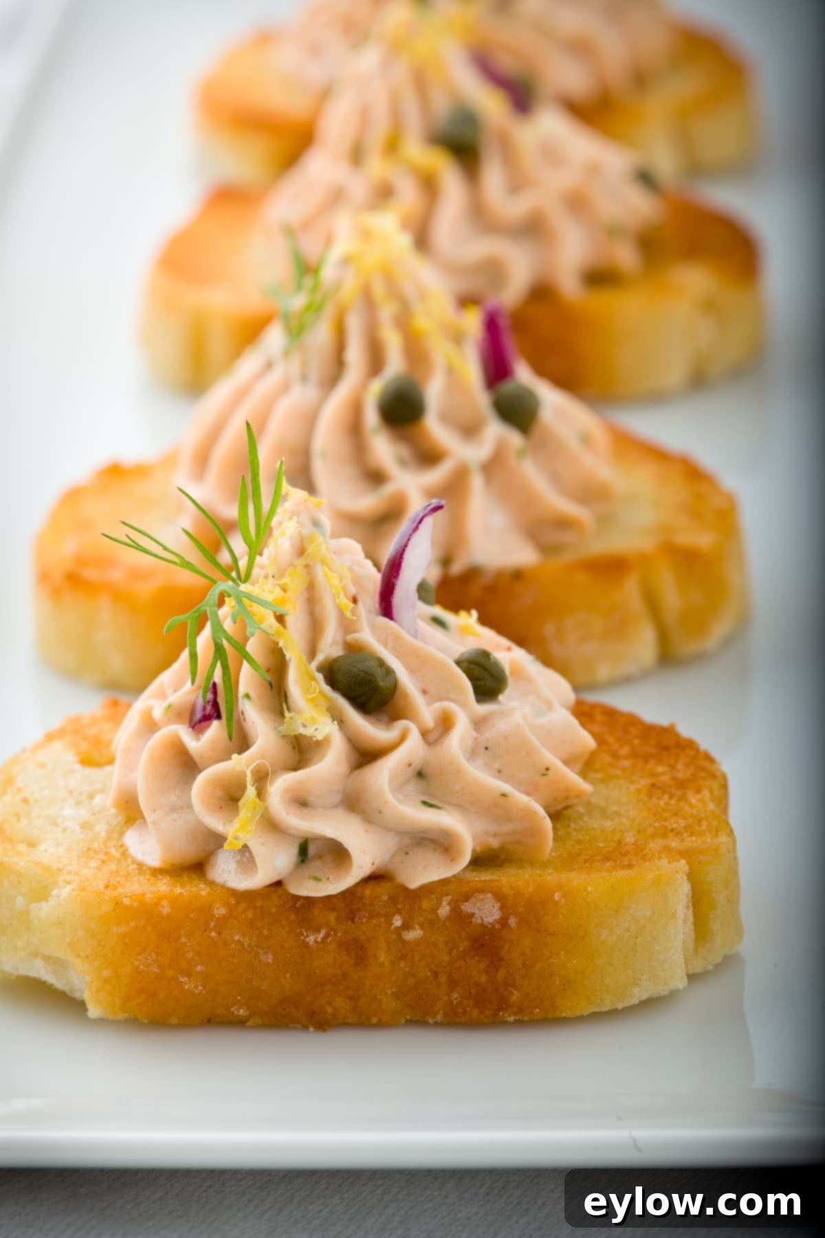 Ultimate Creamy Smoked Salmon Dip 6 Smoked salmon dip elegantly piped onto a small crostini and garnished.
