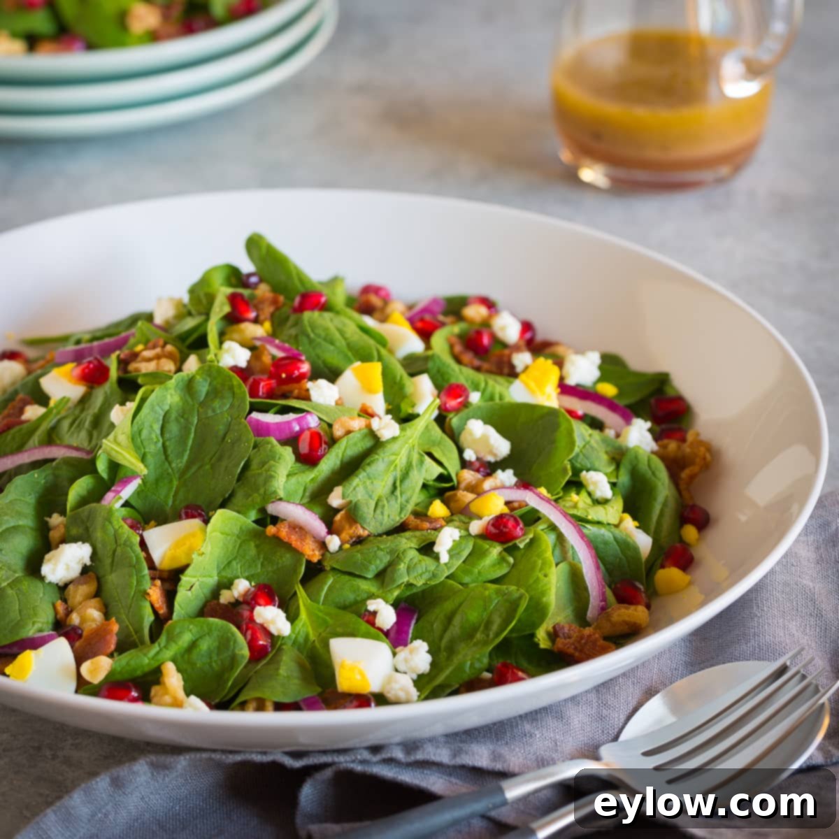 Irresistible Pomegranate Seed Dishes 5 A leafy green spinach salad with bacon, hard boiled egg, red onion, and pomegranate seeds, white bowl.