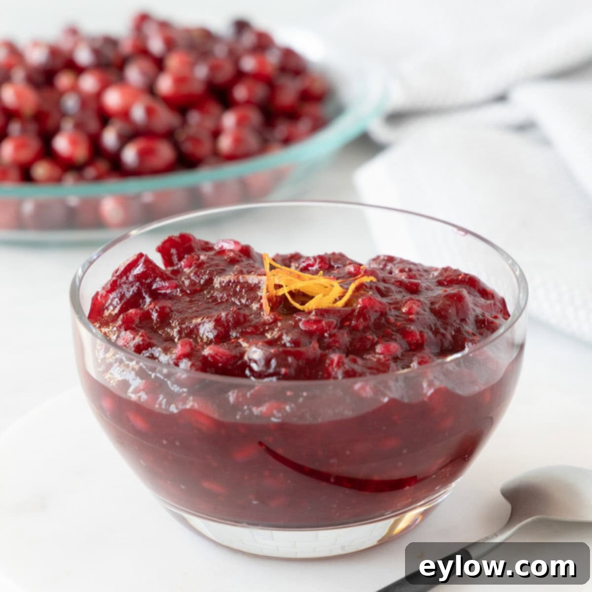 Irresistible Pomegranate Seed Dishes 8 Deep red whole berry cranberry sauce in a glass bowl with orange zest garnish.