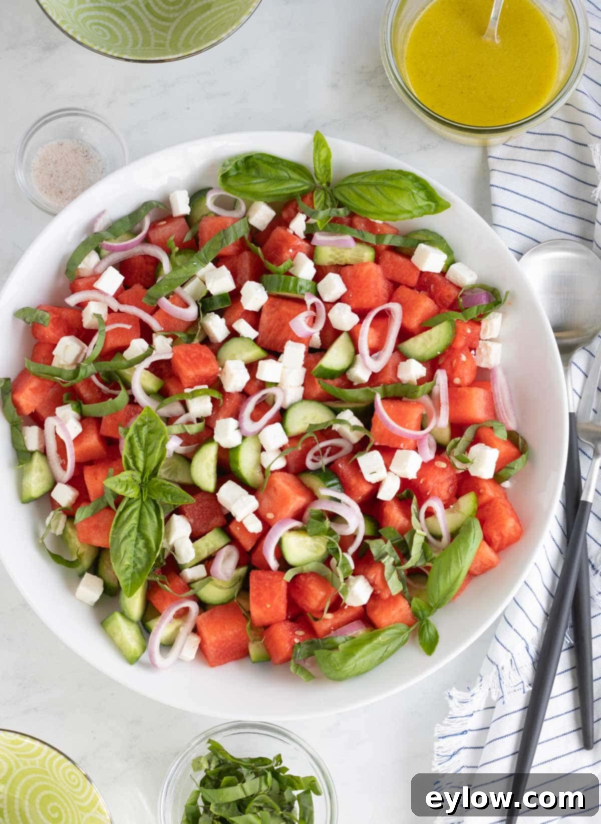 Sweet & Savory Watermelon Basil Feta Salad 2 A vibrant watermelon basil feta salad, artfully arranged with shallots and crisp cucumber pieces.