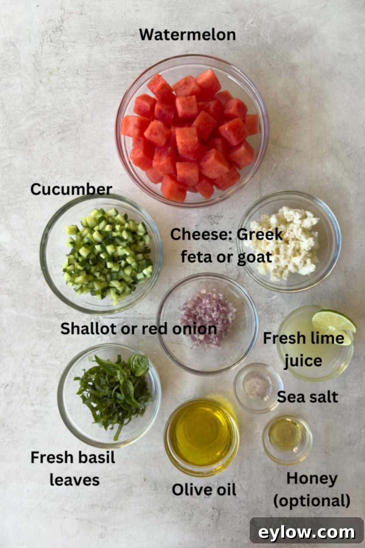 Sweet & Savory Watermelon Basil Feta Salad 3 Fresh ingredients laid out for making a refreshing watermelon salad, including watermelon, cucumber, feta, basil, shallots, and lime.
