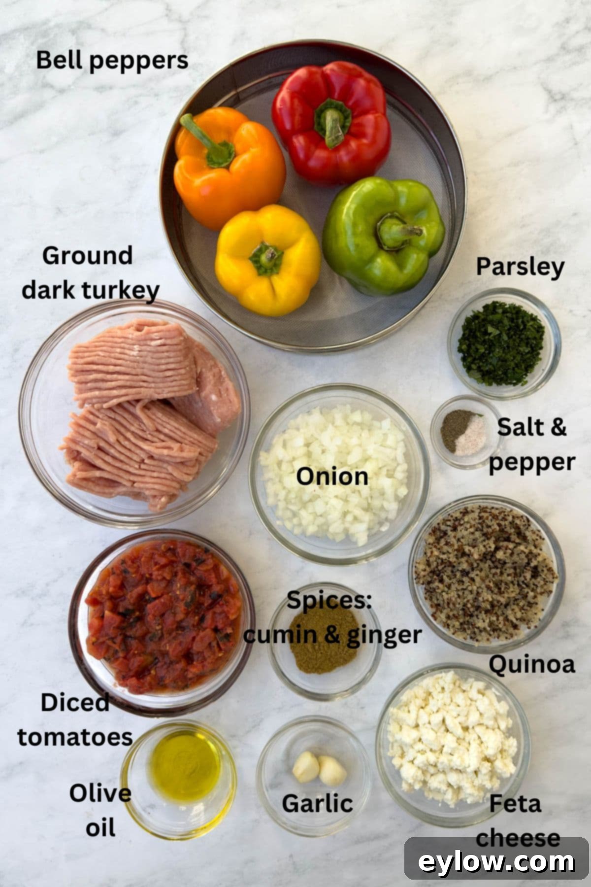 Flavorful Turkey Stuffed Pepper Boats 3 Ingredients for stuffed peppers with ground turkey, including bell peppers, quinoa, ground turkey, onions, garlic, and spices, laid out on a kitchen counter.