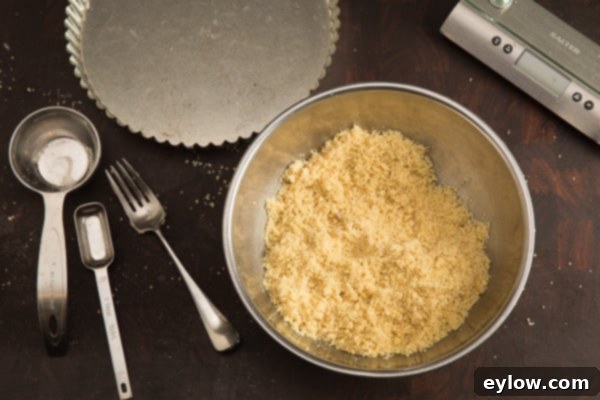 A second shot of the almond and coconut flour crust, unbaked in the tart pan, showcasing its texture before baking.