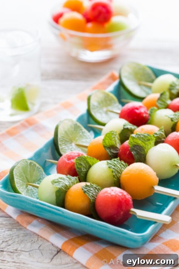 Melon Medley Skewers 2 Colorful Melon Kabobs with fresh mint | AFoodCentricLife.com