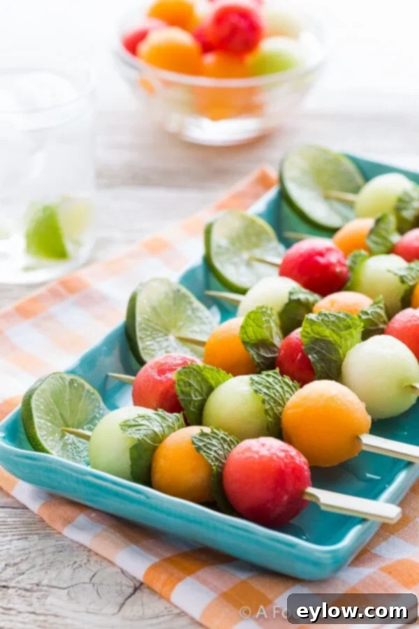 Melon Medley Skewers 5 Melon Kabobs with yogurt dip | AFoodCentricLife.com