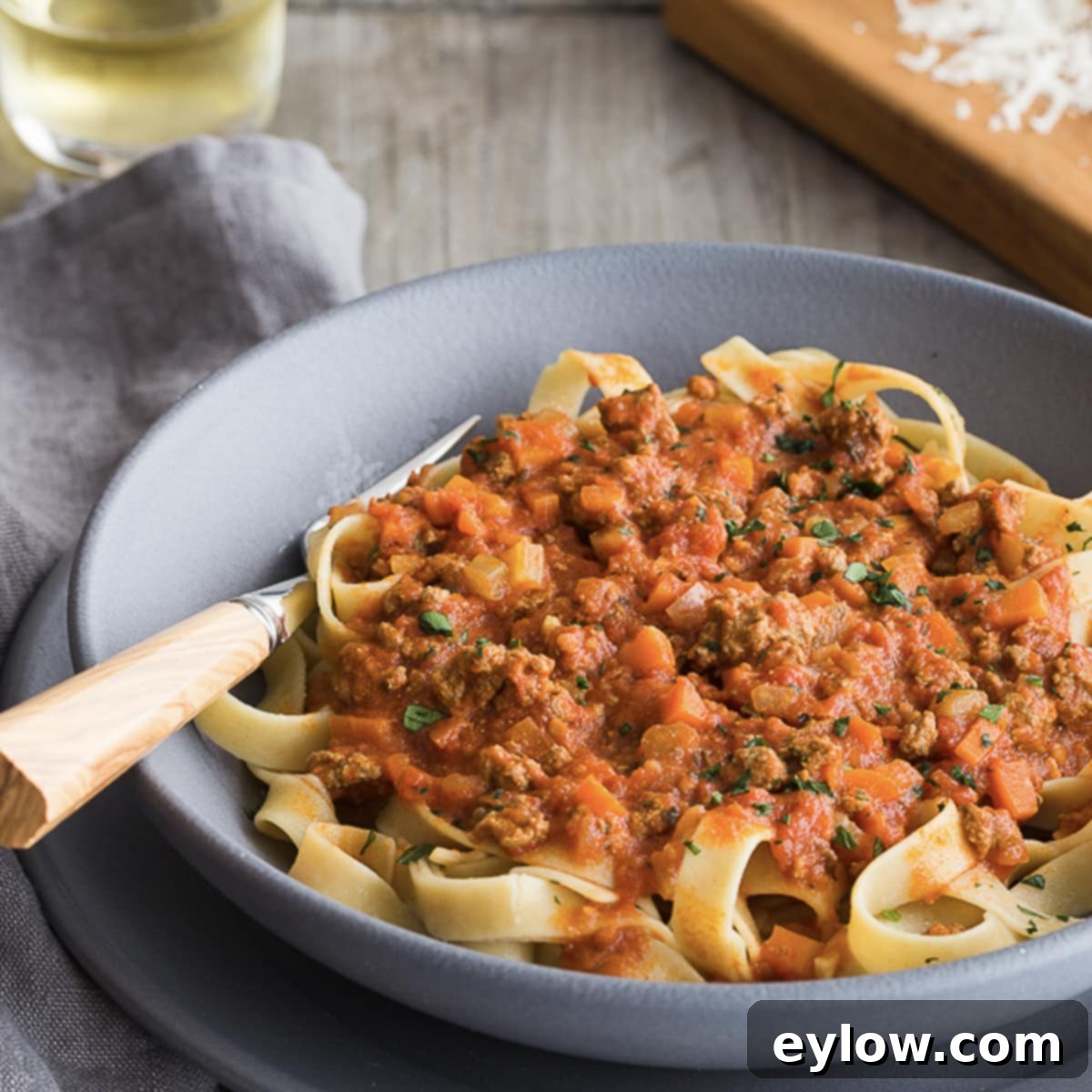 bison bolognese with pasta