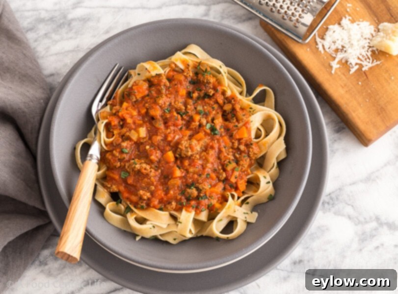 A gray stoneware bowl of pasta with meat sauce and a fork, parmesan cheese on the side.