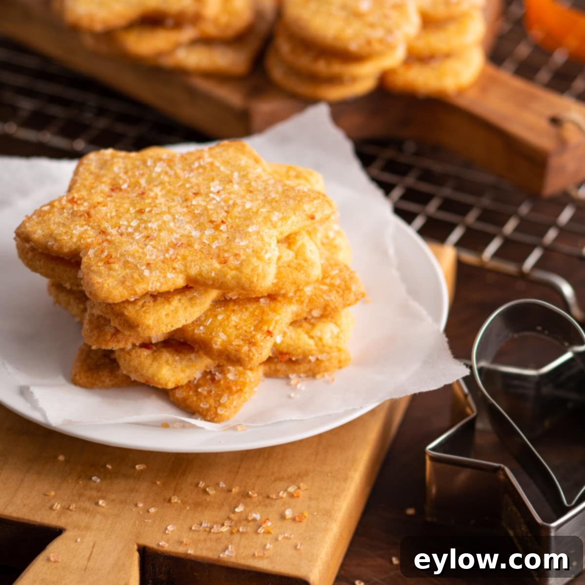 Sand tart cookies on a plate near cookie cutters, ready for a festive gathering.