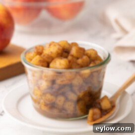 Closeup of a jar of cooked apple compote with spices and a spoon.