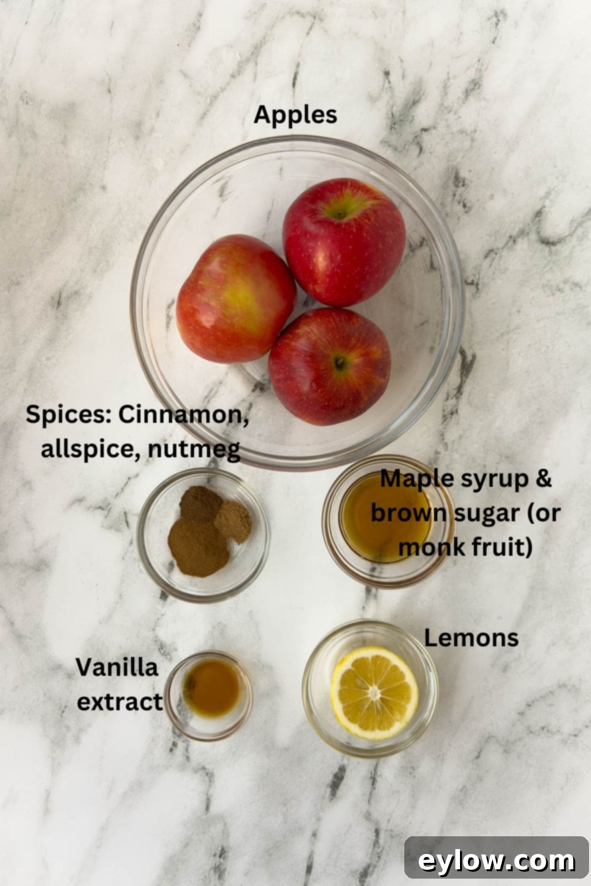 Ingredients for apple compote in bowls. 