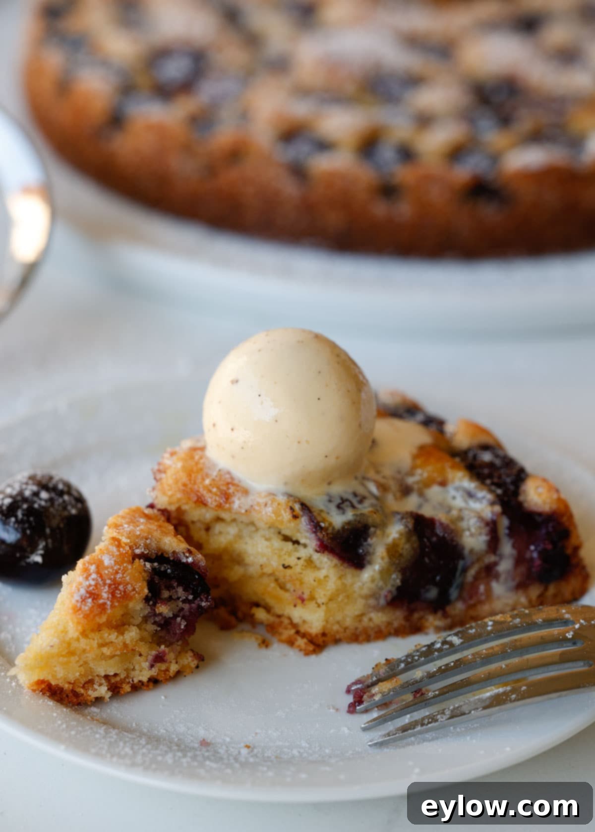 A piece of cherry cake with fork on a plate, topped with ice cream.