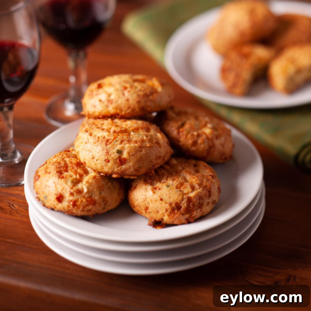 Classic French Gougères 2 A plate of golden gougere, the famous French cheese puffs on small plates with glasses of red wine.