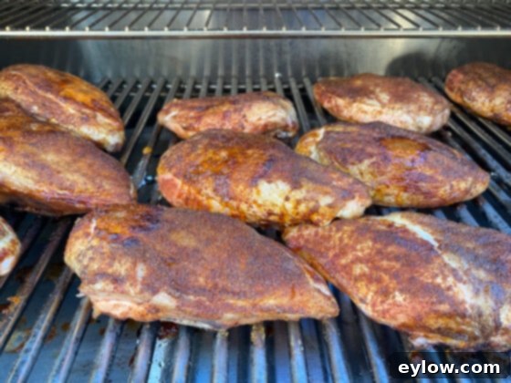 Golden grilled chicken breasts done with dry rub just finishing on the grill.