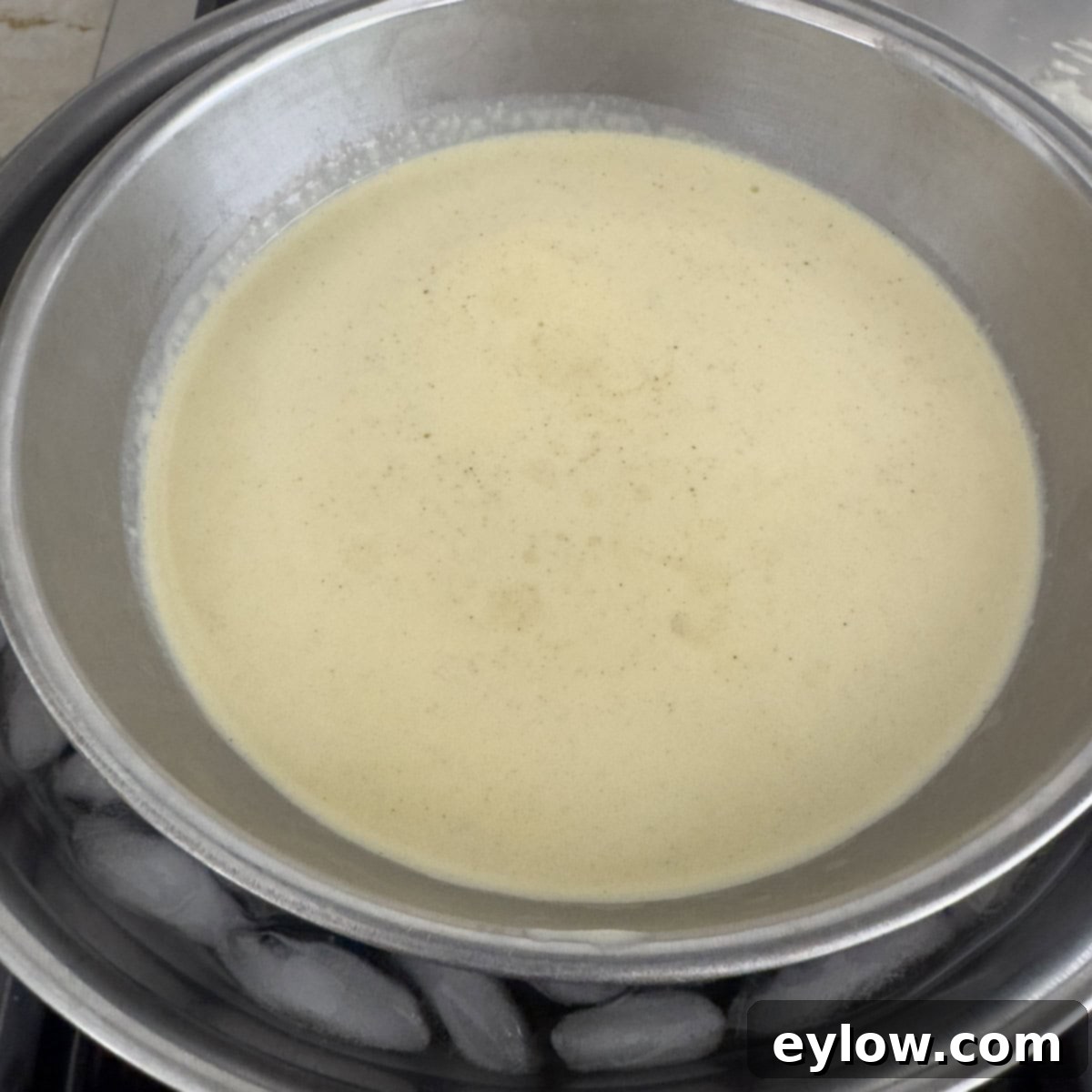 Aromatic Vanilla Bean Bliss 11 Chilling vanilla bean ice cream base in an ice bath until cold.