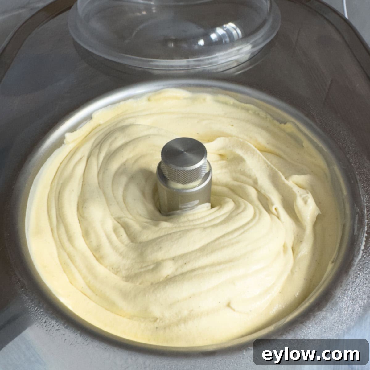 Aromatic Vanilla Bean Bliss 12 Vanilla bean ice cream after churning in an ice cream maker, ready for the freezer to set up.