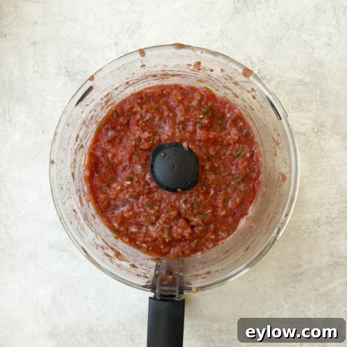 Red salsa pureed in a food processor workbowl.