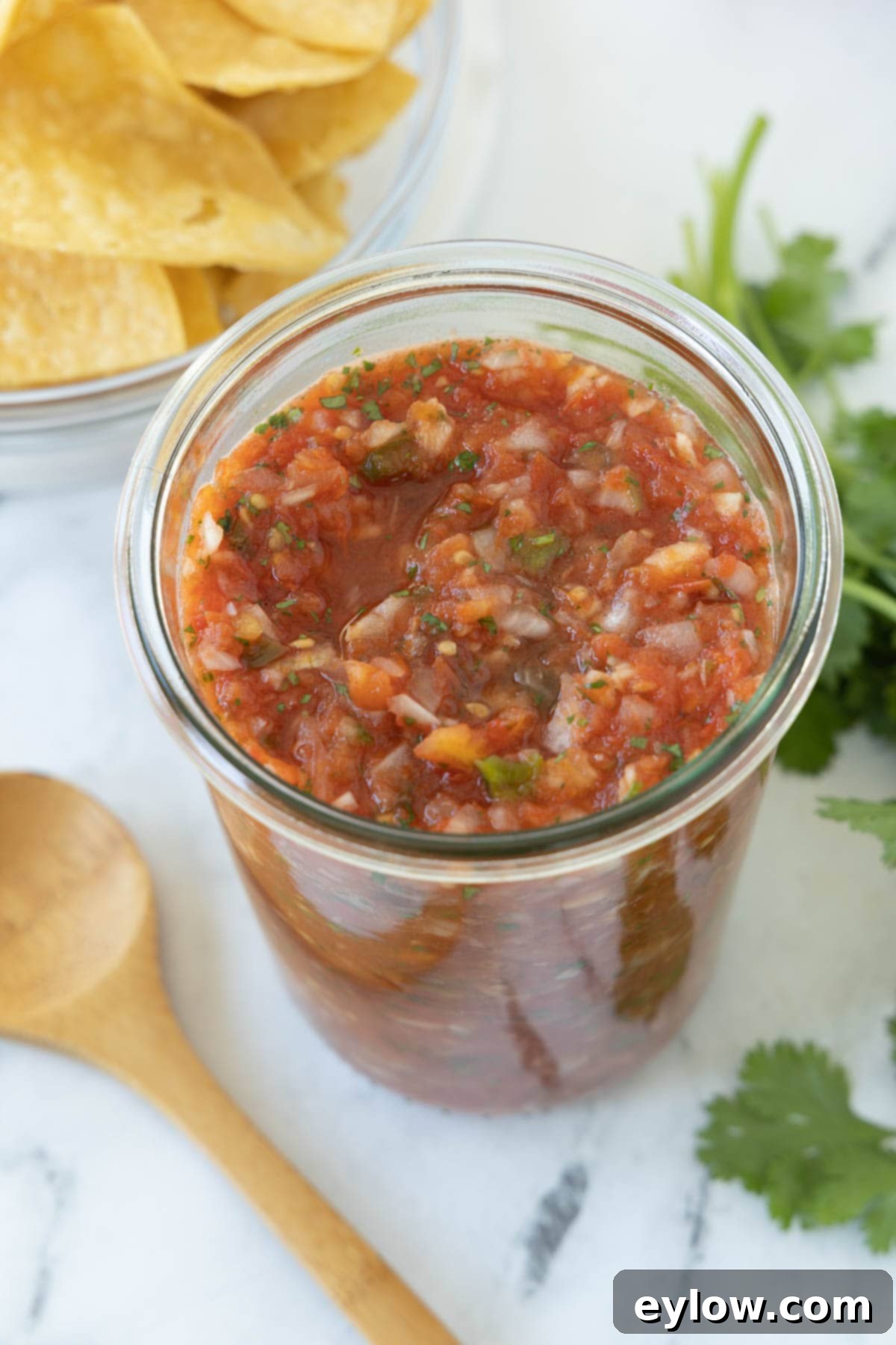 A tall glass jar of red tomato smoked salsa with onions, herbs, and peppers. 